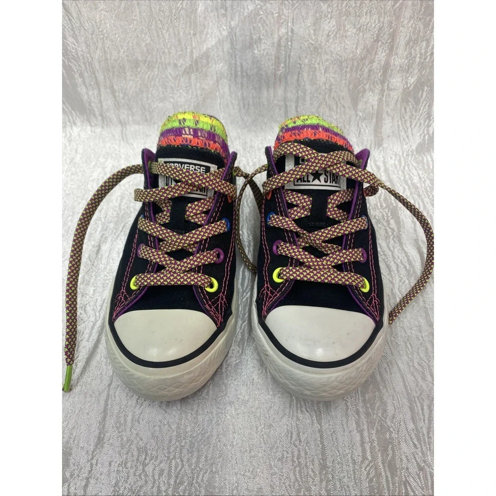 Converse All Star Neon Stitch Rainbow Tongue Black Canvas Sneaker Junior Size 1